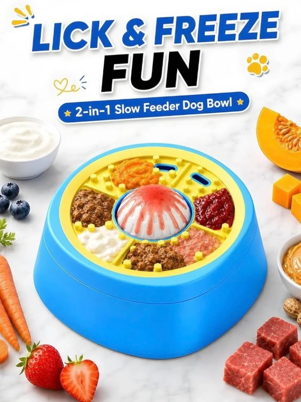 NEW Interactive Slow Feeder Dog Bowl w/ Rolling Lick Ball & Slow-Feed Tray